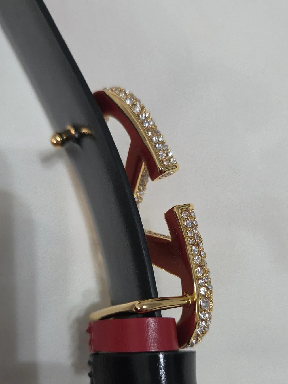 Valentino Garavani Red Black Belt with Gold Crystal Buckle